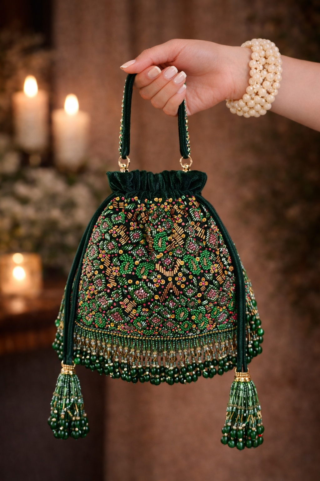 Alankara Beaded Potli Bag (Emerald)| Handcrafted Festive & Wedding Potli – ORAYA
