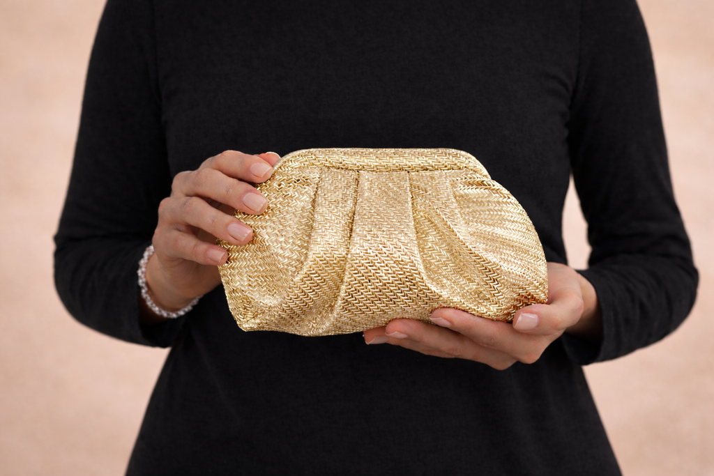 Aurelia Metallic Clutch Bag | Puffed Sculpted Evening Clutch in Gold Mini – ORAYA