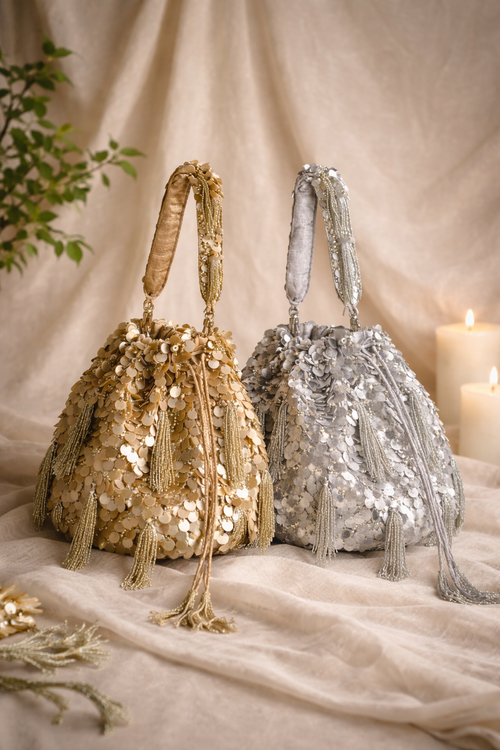Chandrika Potli Bag Silver | Handcrafted Sequin Wedding Potli – ORAYA
