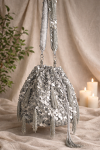 Chandrika Potli Bag Silver | Handcrafted Sequin Wedding Potli – ORAYA