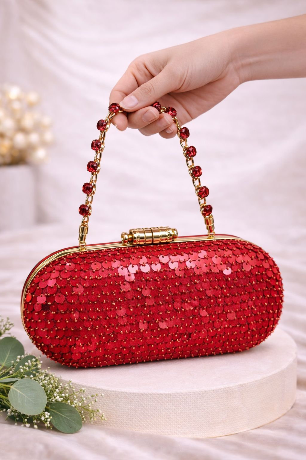 Elara Sequin Clutch Bag (Red) - Crystal Handle Evening & Wedding Clutch – ORAYA