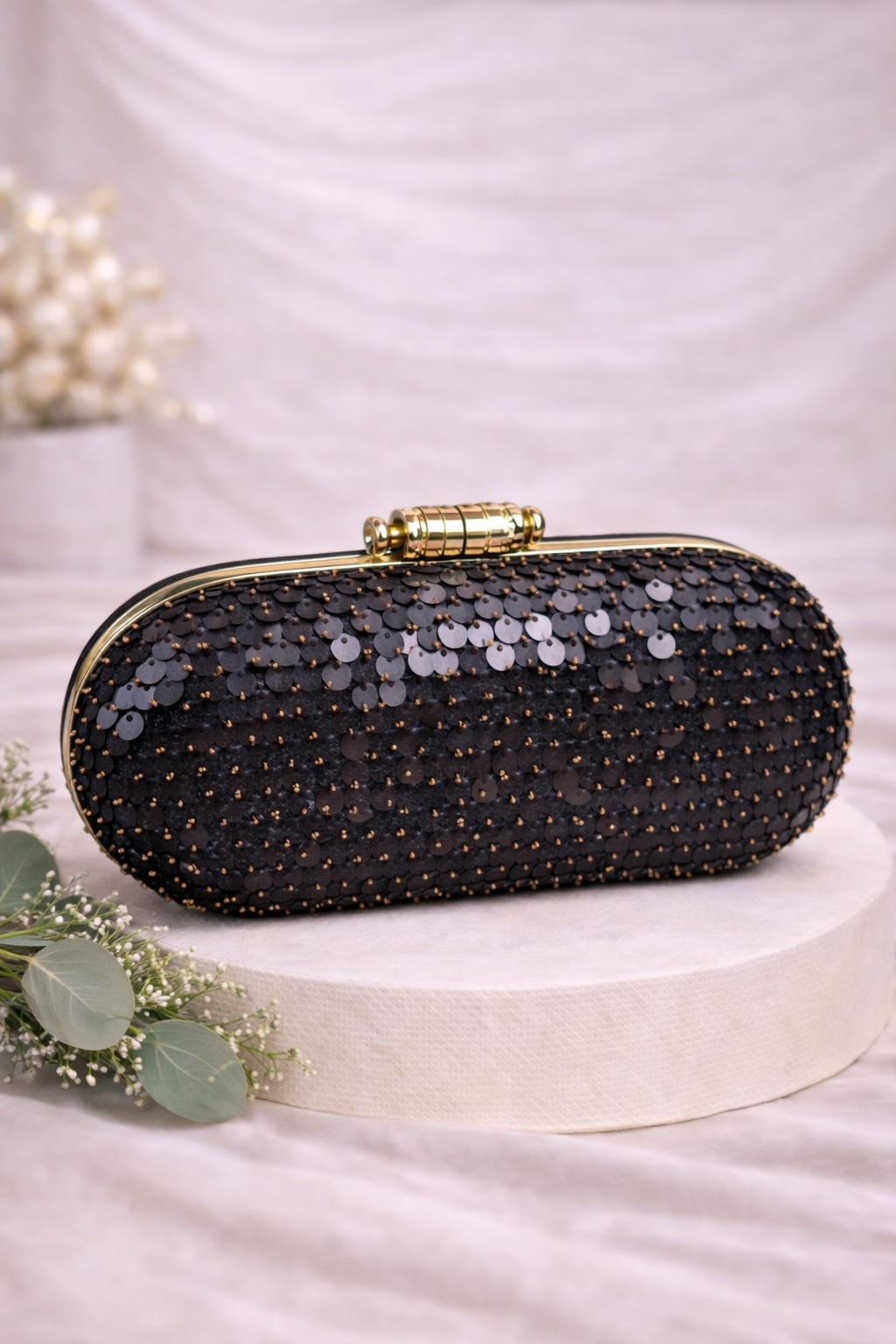 Elara Sequin Clutch Bag (Black) - Crystal Handle Evening & Wedding Clutch – ORAYA