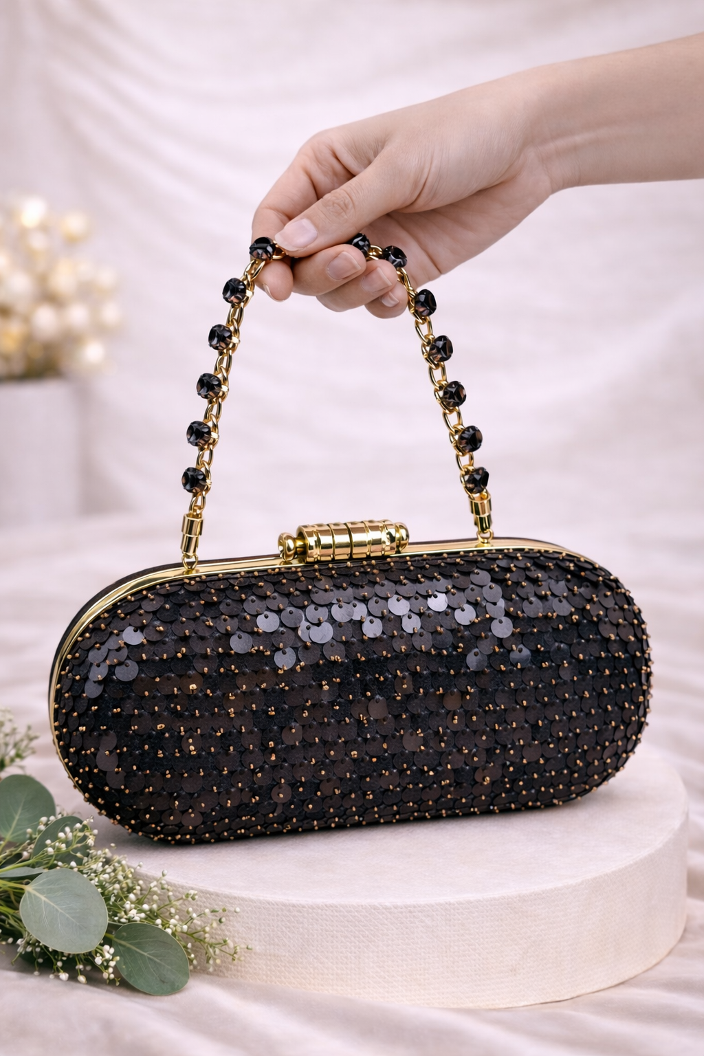 Elara Sequin Clutch Bag (Black) - Crystal Handle Evening & Wedding Clutch – ORAYA