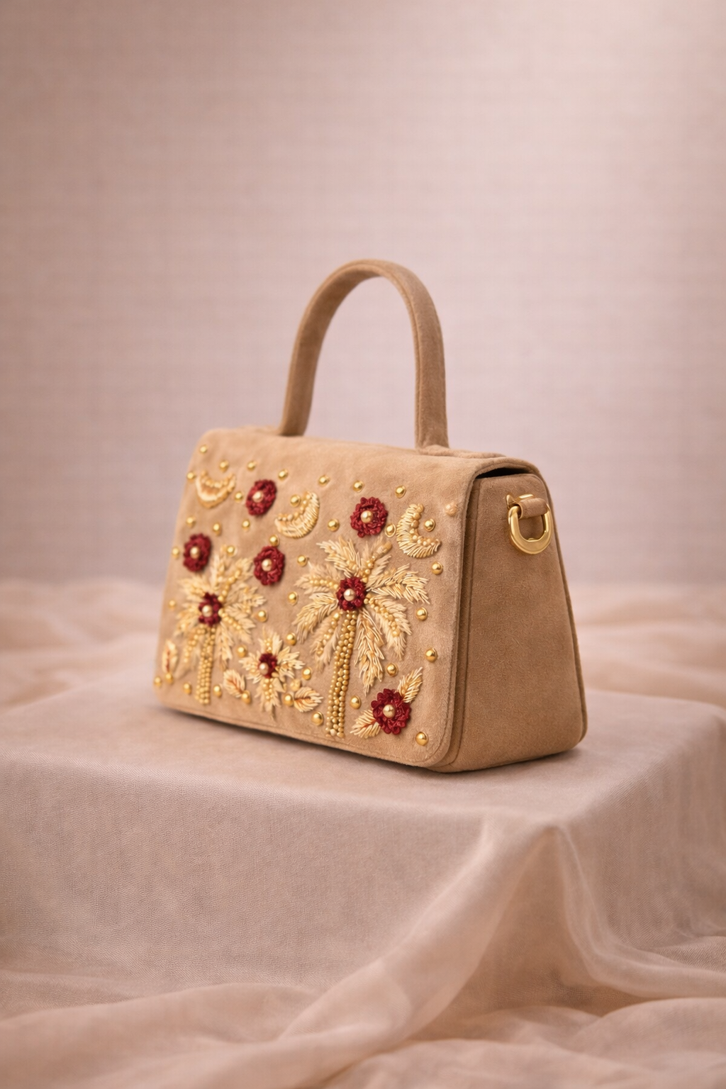 Palmera Ivory Beige Hand-Embroidered Crossbody Bag | Luxury Festive Bag