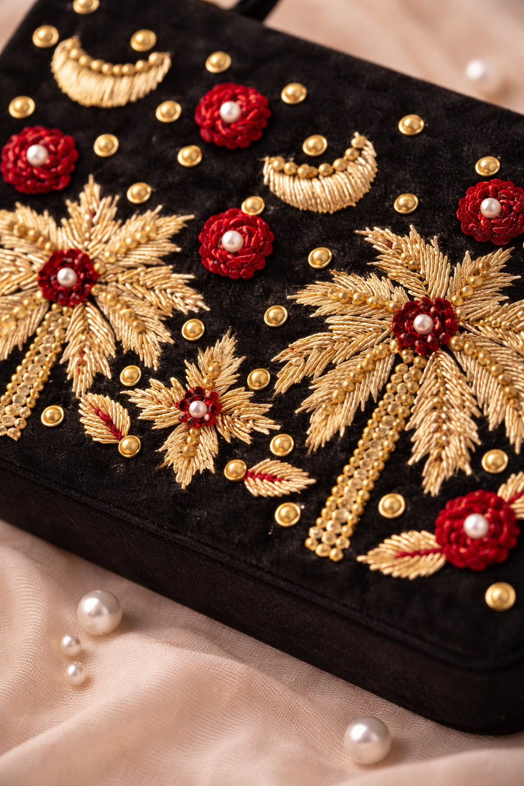 Palmera Ivory Black Hand-Embroidered Crossbody Bag | Luxury Festive Bag