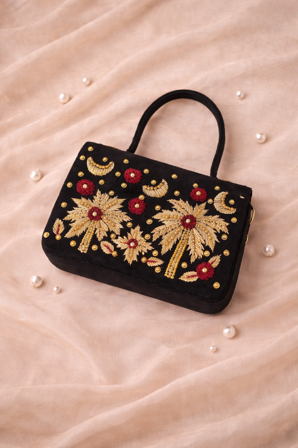 Palmera Ivory Black Hand-Embroidered Crossbody Bag | Luxury Festive Bag