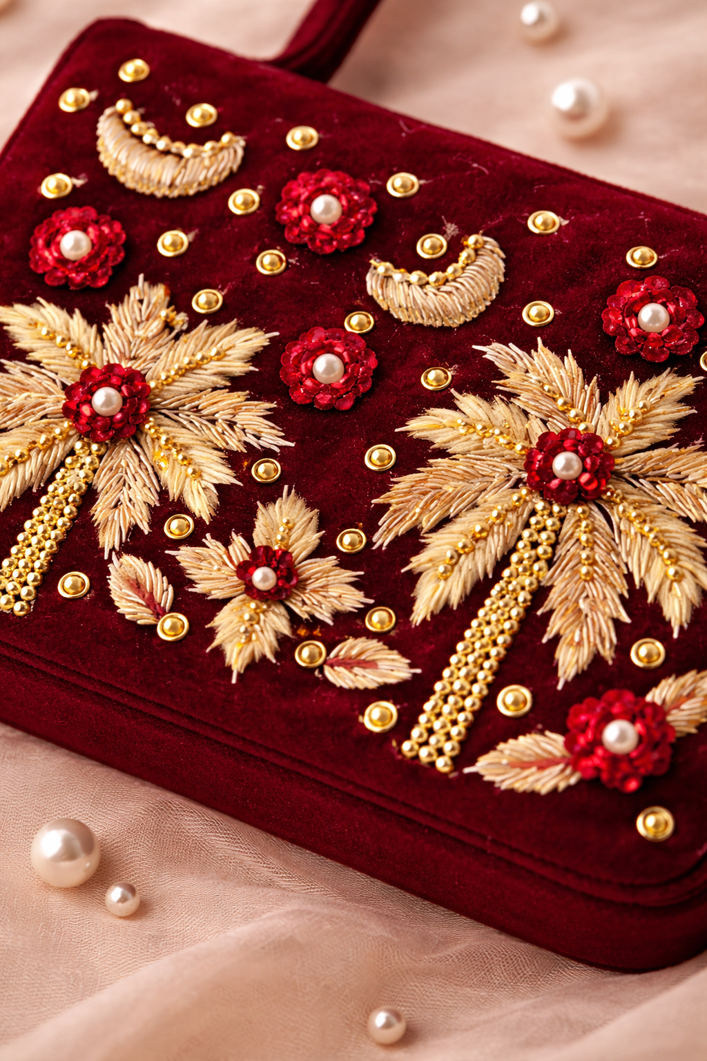 Palmera Ivory Maroon Hand-Embroidered Crossbody Bag | Luxury Festive Bag