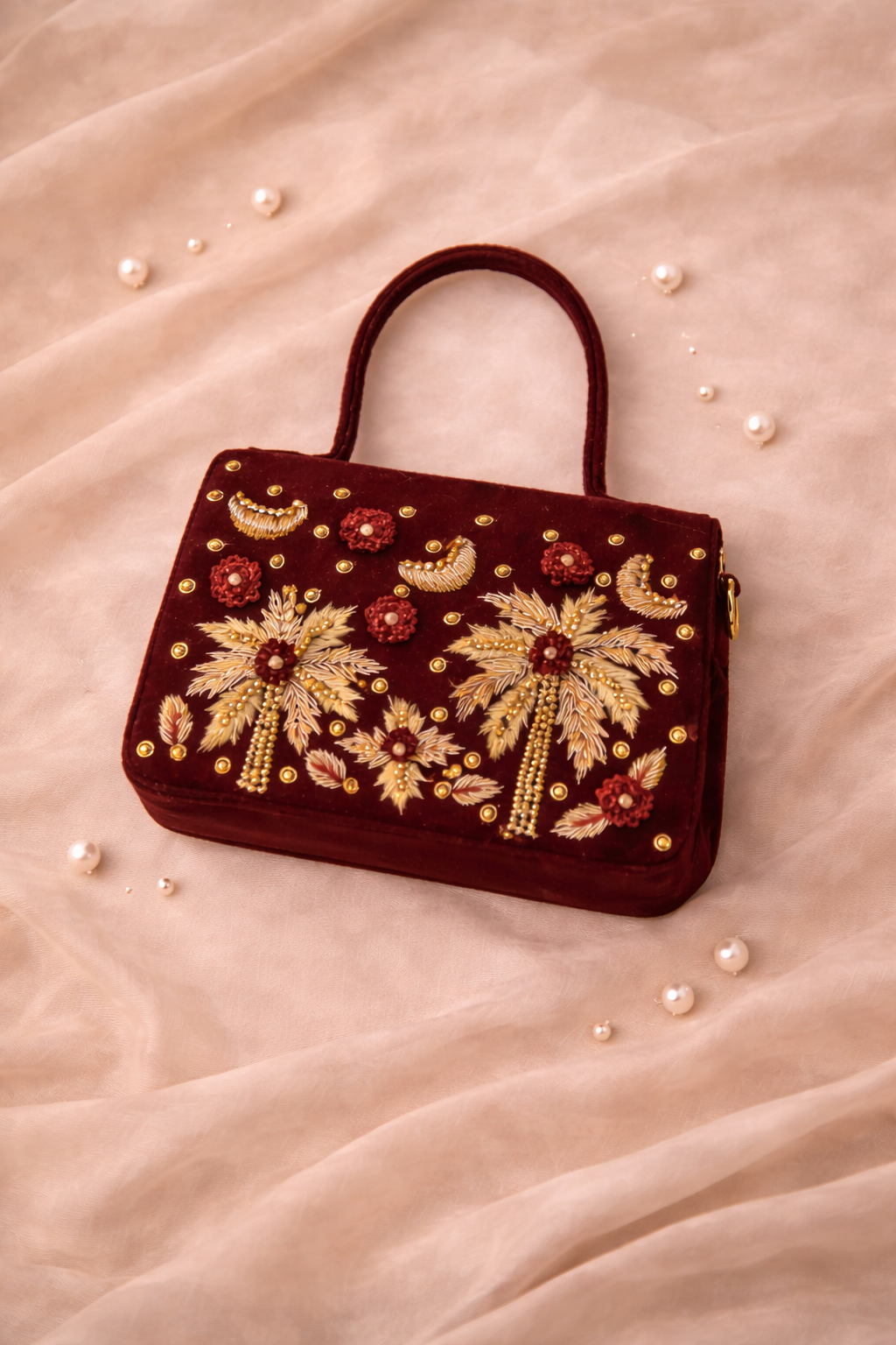 Palmera Ivory Maroon Hand-Embroidered Crossbody Bag | Luxury Festive Bag