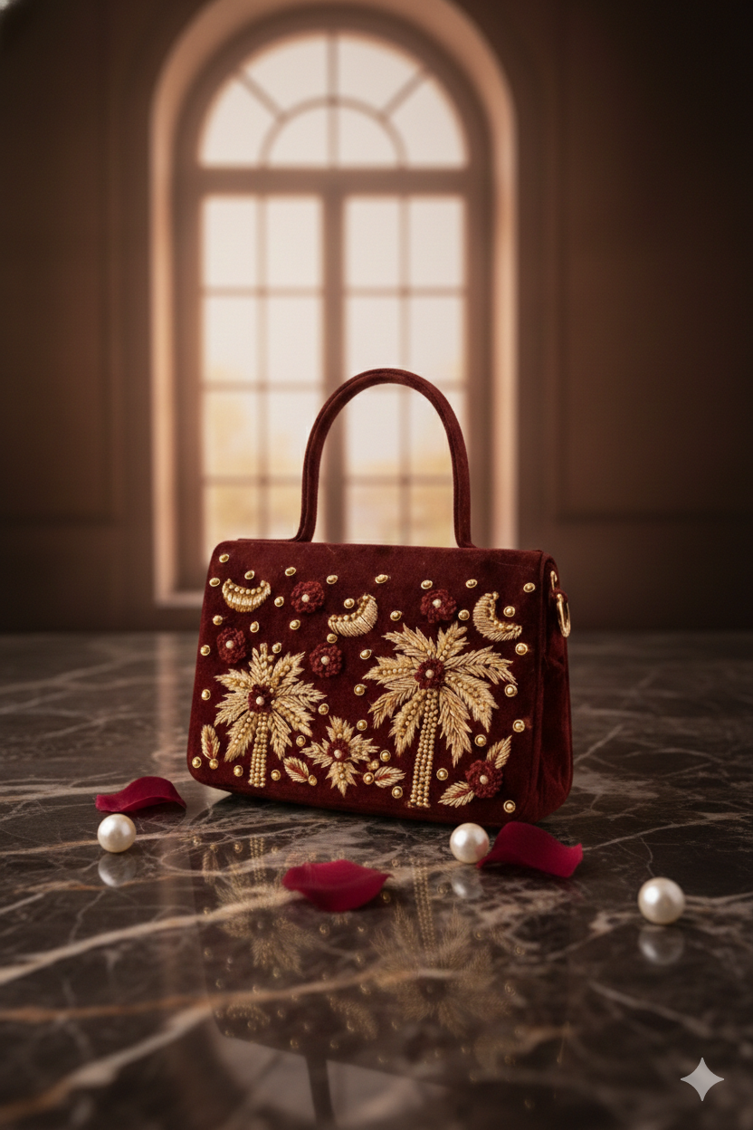 Palmera Ivory Maroon Hand-Embroidered Crossbody Bag | Luxury Festive Bag