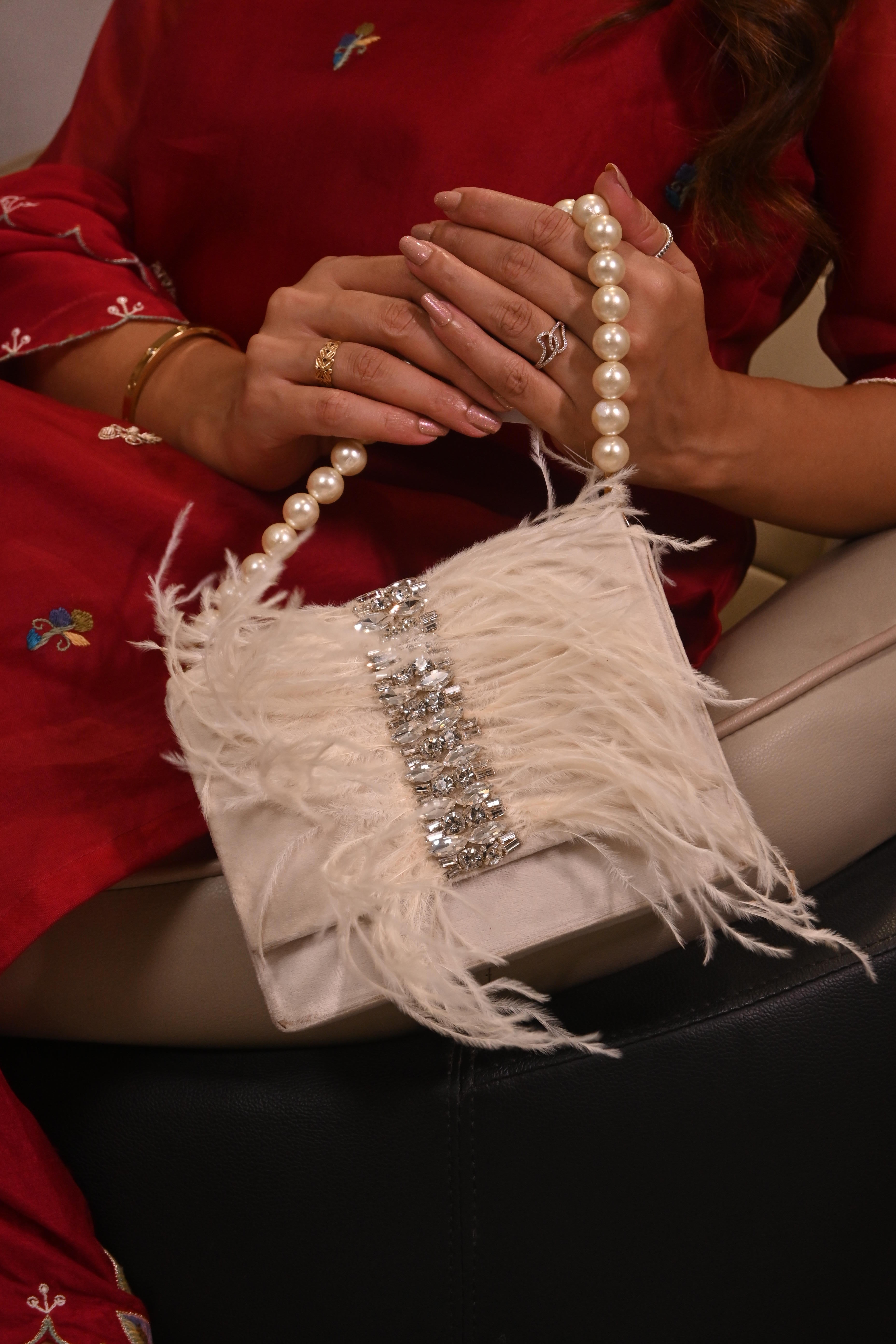 Pluméa Feather Flap Clutch Bag (Pearl White) | Couture Evening Statement Bag – ORAYA