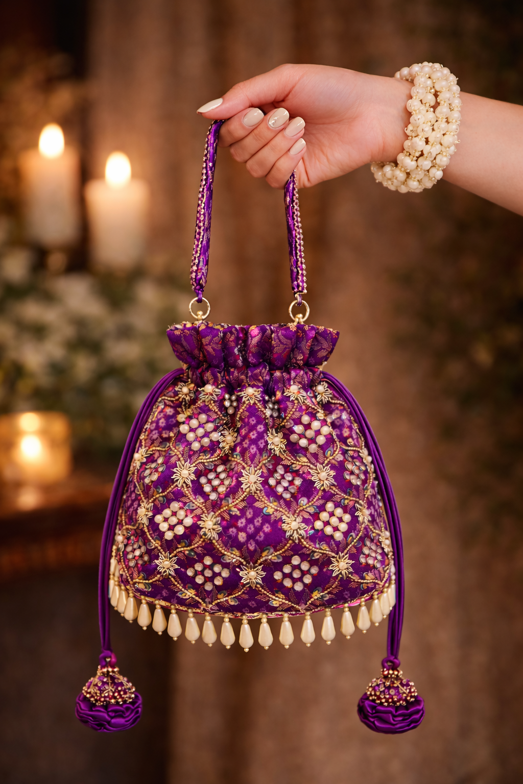 Varnika Potli Bag – Handcrafted Embroidered Bridal Accessory - Purple