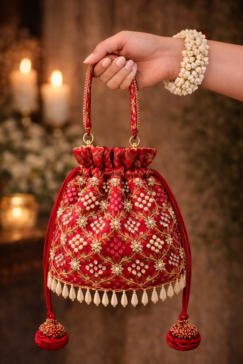 Varnika Potli Bag (Red) – Handcrafted Embroidered Bridal Accessory - Oraya