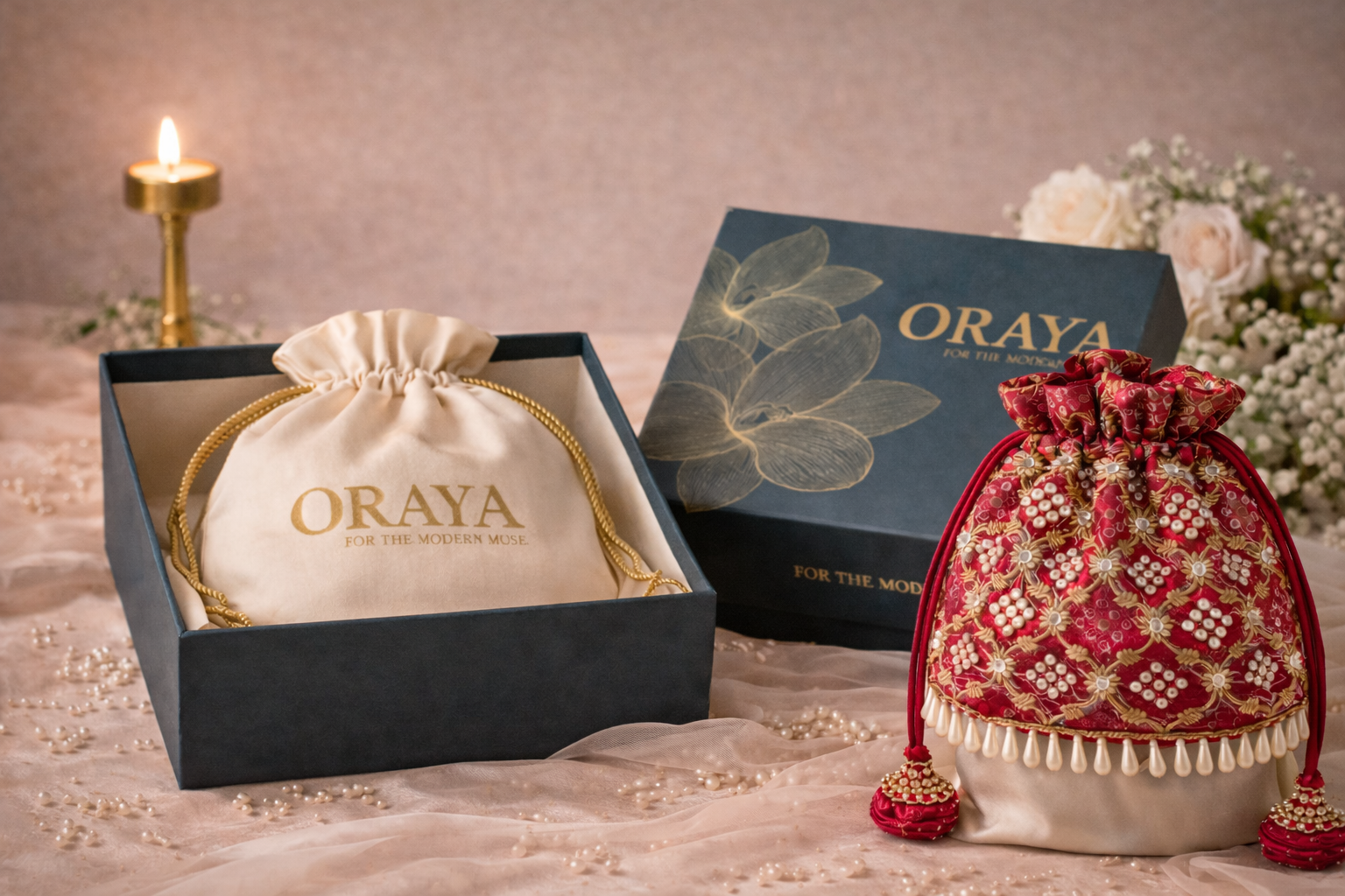 Varnika Potli Bag (Red) – Handcrafted Embroidered Bridal Accessory - Oraya