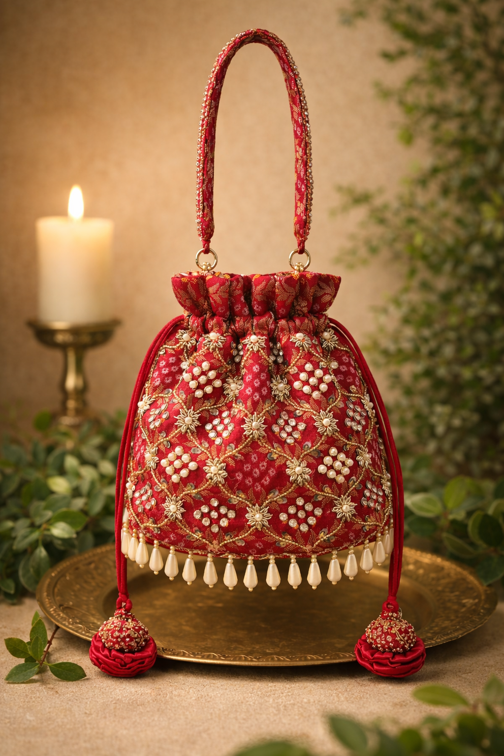 Varnika Potli Bag (Red) – Handcrafted Embroidered Bridal Accessory - Oraya