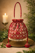 Varnika Potli Bag (Red) – Handcrafted Embroidered Bridal Accessory - Oraya