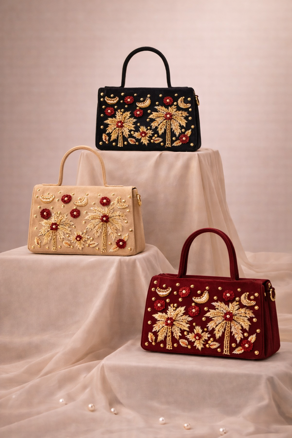 Palmera Ivory Beige Hand-Embroidered Crossbody Bag | Luxury Festive Bag